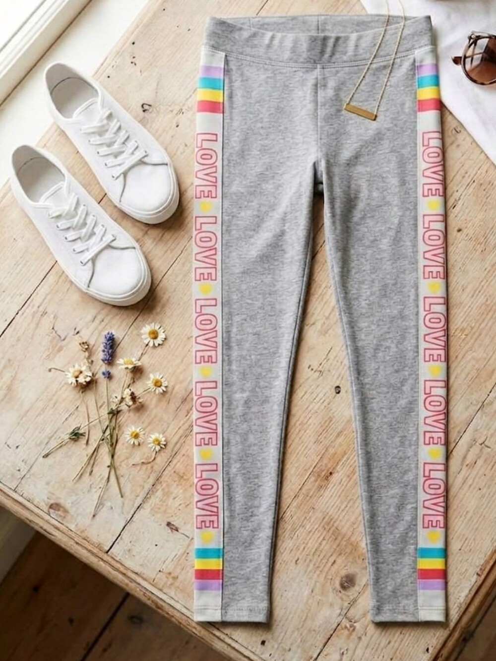 Dyce Apparel Gray "Love" Rainbow Striped Leggings Casual 2000s Athleisure Pants